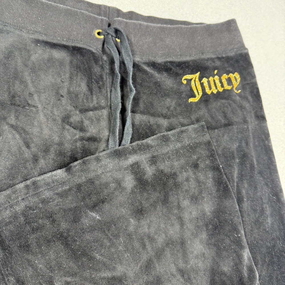 Juicy Couture Black Velour Track Pants Gold Glitter Logo Wide Leg Womens Medium